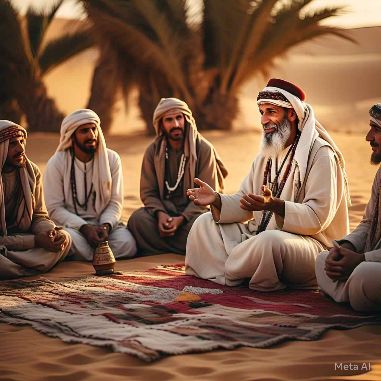 "Bedouin Storyteller" imagined by Meta/Llama AI - the picture shows a group of men (sorry) dressed in desert garb listening to one of them talk.