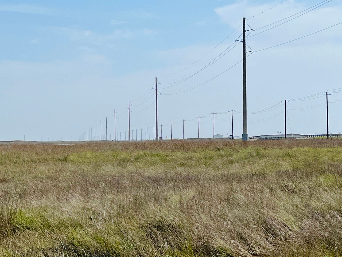A flat expanse of brown grass stretches across the interior of Mustang Island on a partly cloudy day. Two sets of powerlines run parallel to the highway and fade into the horizon.