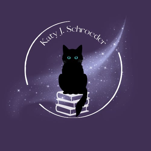 My author logo with a deep purple background and a white circle like a letter postmark. The words Katy J. Schroeder Author are at the top, and a black cat with green eyes sits on top of a book stack. There are stars smattered across the background. My author logo with a deep purple background and a white circle like a letter postmark. The words Katy J. Schroeder Author are at the top, and a black cat with green eyes sits on top of a book stack. There are stars smattered across the background.