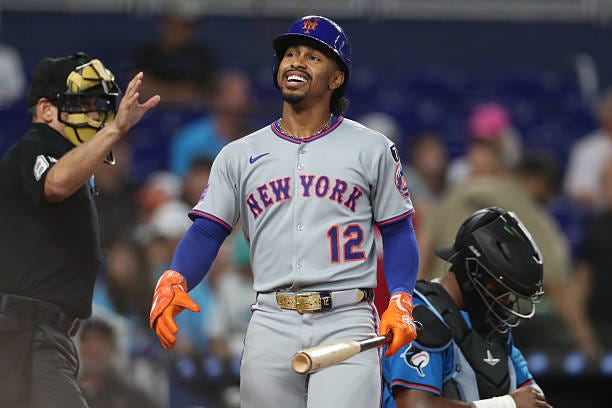 Francisco Lindor of the New York Mets reacts during the first inning against the Miami Marlins at loanDepot park on September 28, 2025 in Miami,...
