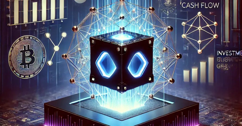 A futuristic, high-tech themed image representing deep technology investments. The scene features a sleek, glowing quantum computer at the center, surrounded by digital financial symbols like cash flow graphs, blockchain networks, and investment growth icons. The background has a mysterious, dark blue and purple tone with neon-lit elements, emphasizing a sense of exclusive, 'quiet' high-stakes investments. The image should feel sophisticated and cutting-edge, capturing the essence of breakthrough deeptech opportunities.