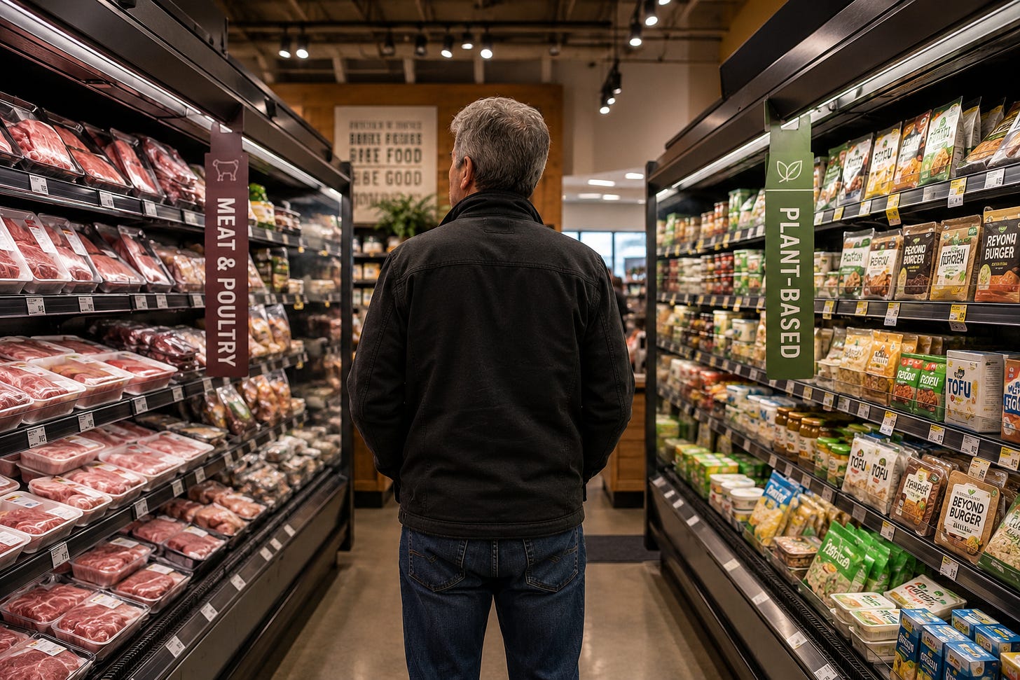 Photorealistic supermarket scene showing a gray-haired man standing between refrigerated meat products on his left and plant-based foods on his right, visually representing the everyday ethical choices at the heart of veganism. Photorealistic supermarket scene showing a gray-haired man standing between refrigerated meat products on his left and plant-based foods on his right, visually representing the everyday ethical choices at the heart of veganism.