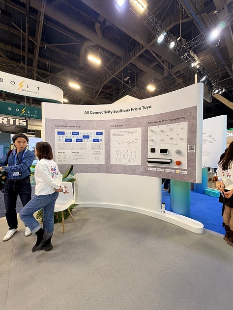 A five-image gallery from Tuya’s CES demo showing attendees interacting with Tuya’s smart-home platform: booth displays outlining how conversational prompts configure devices, close-up shots of the interface on a laptop, and Tuya staff demonstrating how natural-language commands generate on-device automations.