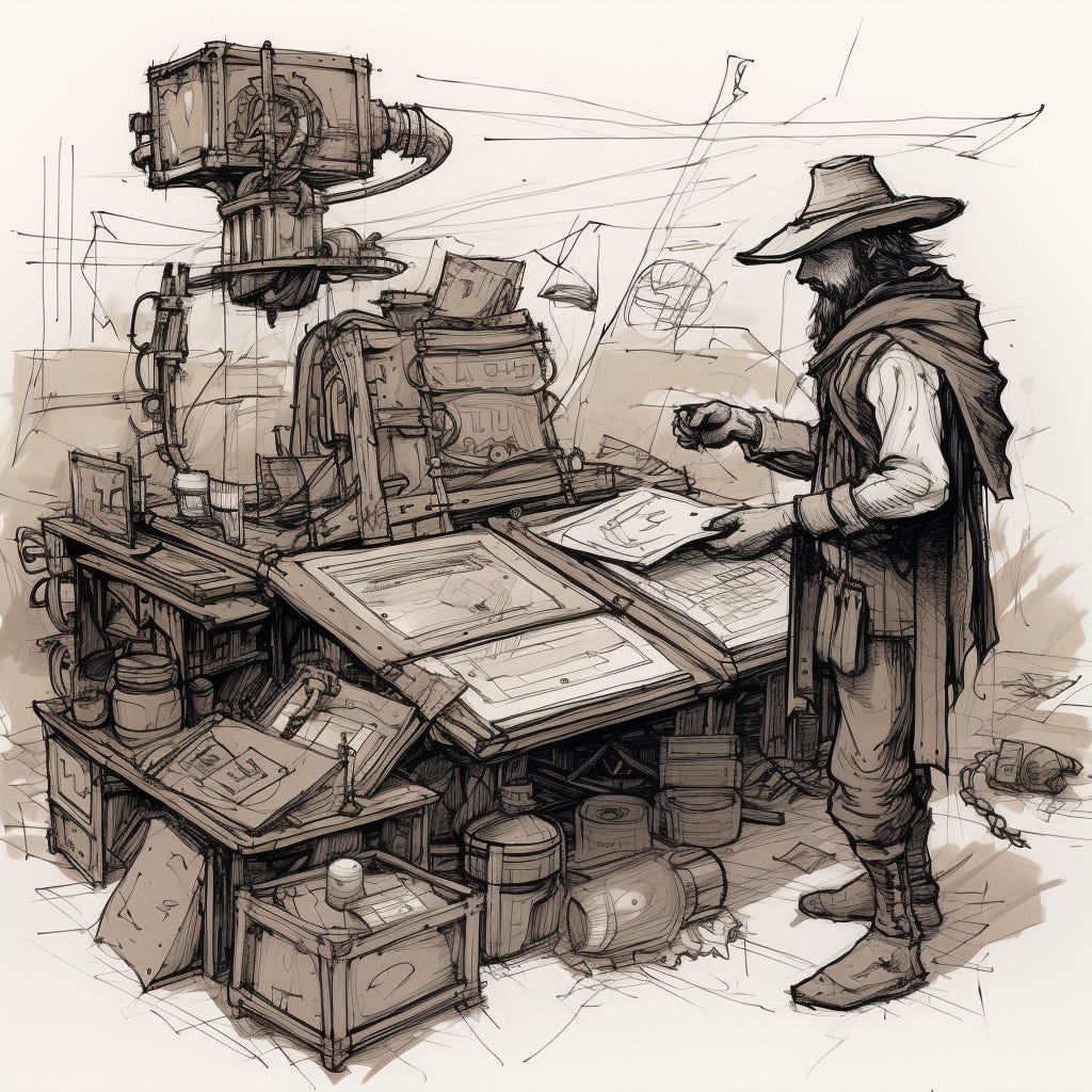 a rough industrial design sketch, initial, black pen, handdrawn, white paper. mage is a robotic western prospector, taking inventory of his large barn of equipment and figuring out how to build a mining machine
