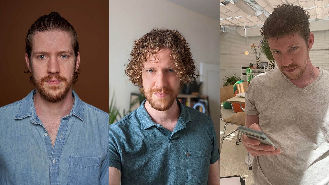 Three pictures of the same white blond man, with different lengths of hair and beard