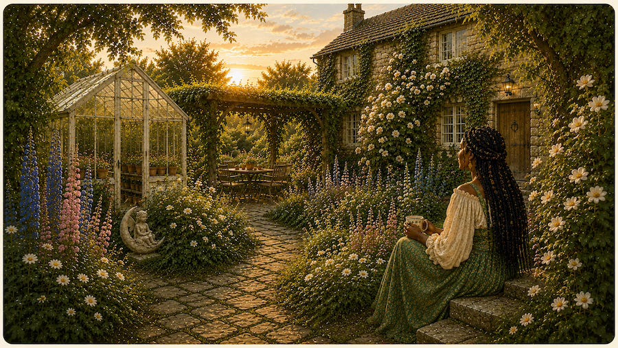 As evening settles over the garden, Ivy sits with a cup of tea beside a winding stone path while a small stone fairy rests beneath white briar roses surrounded by wildflowers and warm sunset light. Images designed by Kim West and created with AI assistance. As evening settles over the garden, Ivy sits with a cup of tea beside a winding stone path while a small stone fairy rests beneath white briar roses surrounded by wildflowers and warm sunset light. Images designed by Kim West and created with AI assistance.