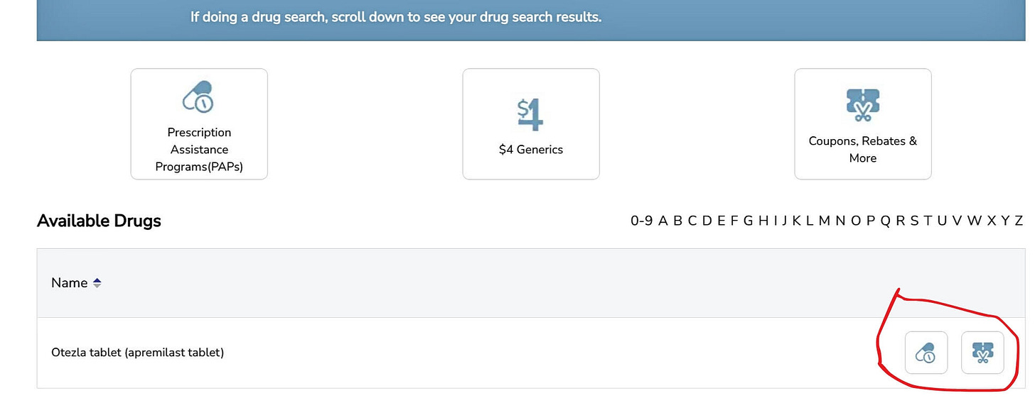 A screenshot of search results for the drug Otezla. There are two square icons in the bottom right, and the pill-shaped icon is circled in red