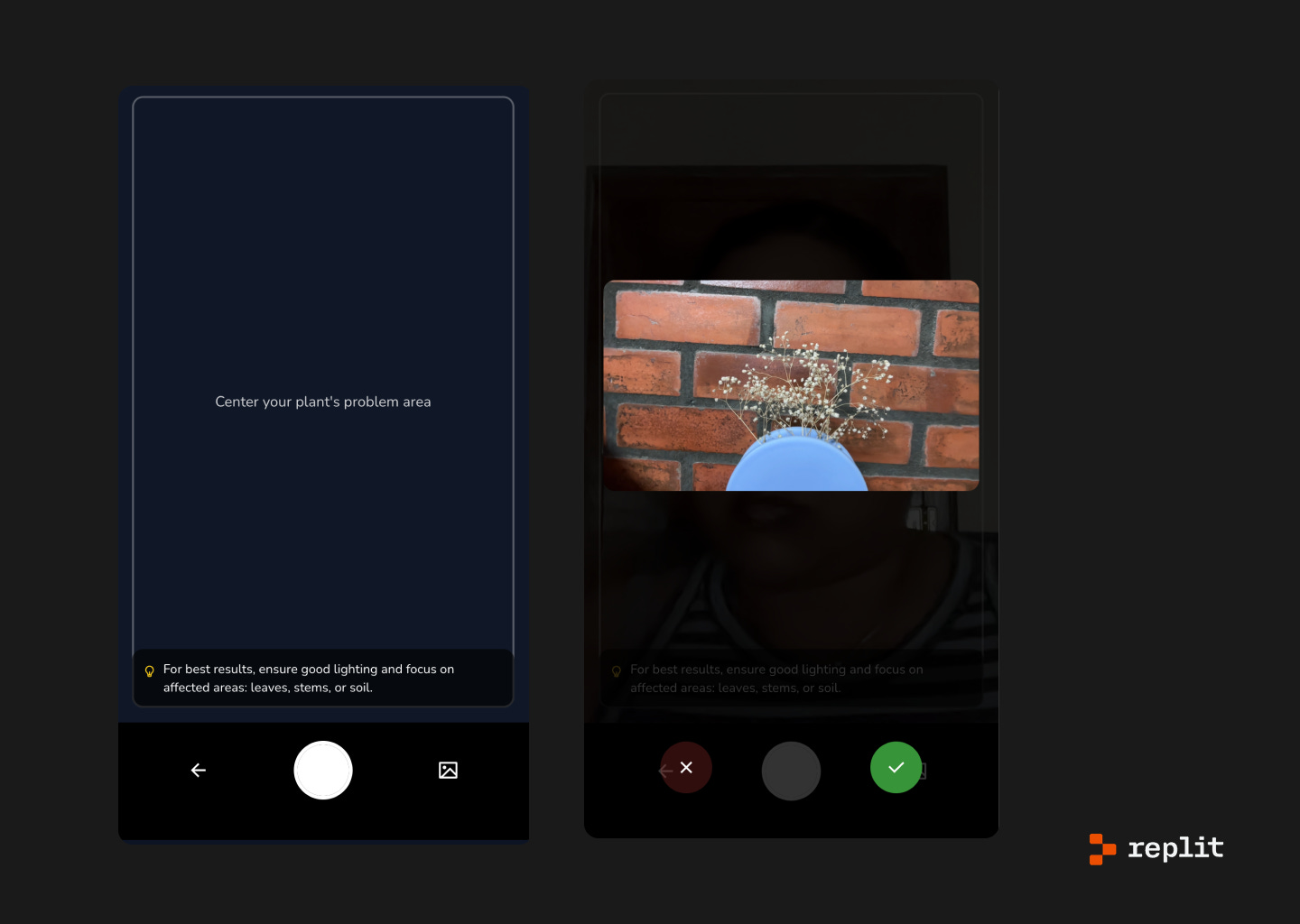 App screen showing the camera interface for the take photo screen.