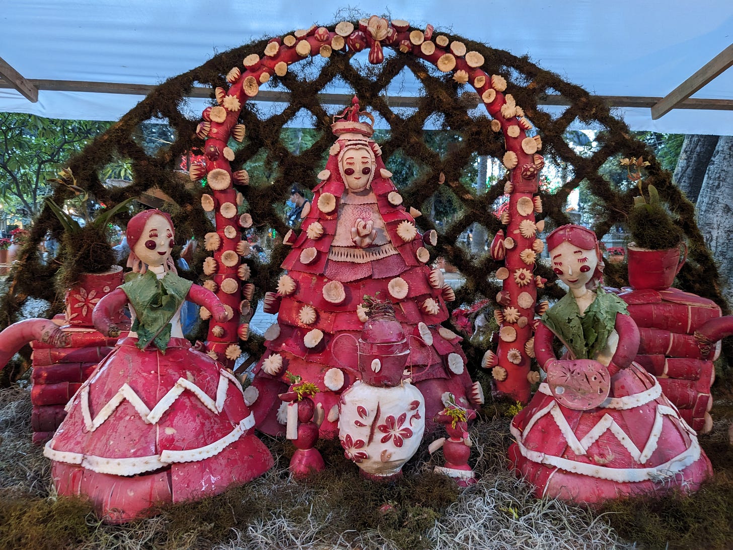 A bride with a red veil and two bride maids wearing red dresses and green “leaf” shawls are roughly carved out of red and white radishes.