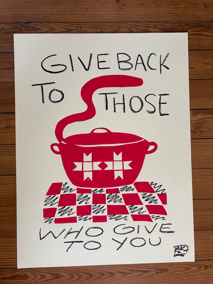 screen printed color ink posters with drawings on top