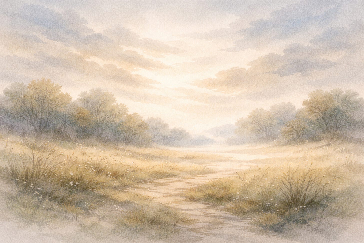 Soft watercolor landscape with a quiet path winding through tall grass and distant trees, evoking reflection, self-kindness, and moving forward without pressure.