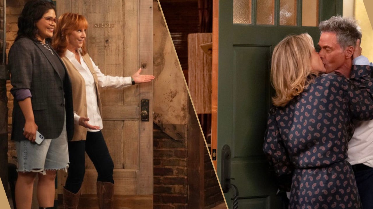 Happy’s Place “Office Space” Episode 301 (l-r) Belisa Escobedo as Isabella, Reba McEntire a Bobbie in the supply closet; Newlyweds “Pilot” Episode 101 (l-r) Tea Leoni as Jeanie & Tim Daly as James kissing in her apartment Happy’s Place “Office Space” Episode 301 (l-r) Belisa Escobedo as Isabella, Reba McEntire a Bobbie in the supply closet; Newlyweds “Pilot” Episode 101 (l-r) Tea Leoni as Jeanie & Tim Daly as James kissing in her apartment