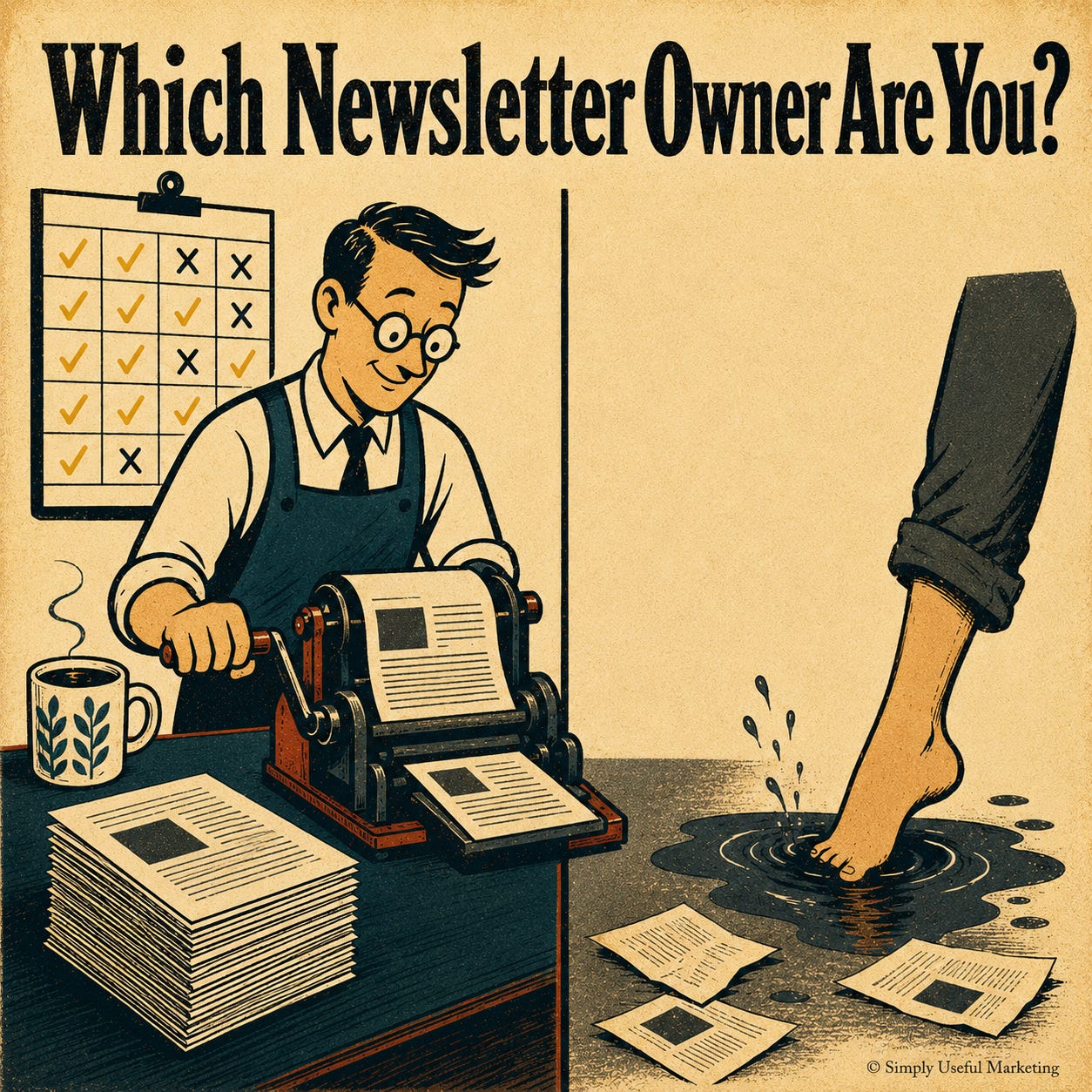 Vintage Guinness-style poster with the headline “Which Newsletter Owner Are You?” At left, a smiling publisher operates a small hand-cranked duplicator beside a tea mug, a stack of finished pages, and a calendar filled with checkmarks and Xs. At right, a bare foot dips one toe into a puddle beside scattered papers, suggesting tentative dabbling instead of consistent publishing.