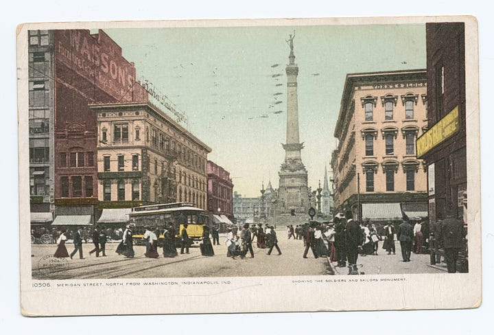 Soldiers & Sailors Monument Circle where S. Meridian becomes N. Meridian. Historic marker for the Old Northside neighborhood.