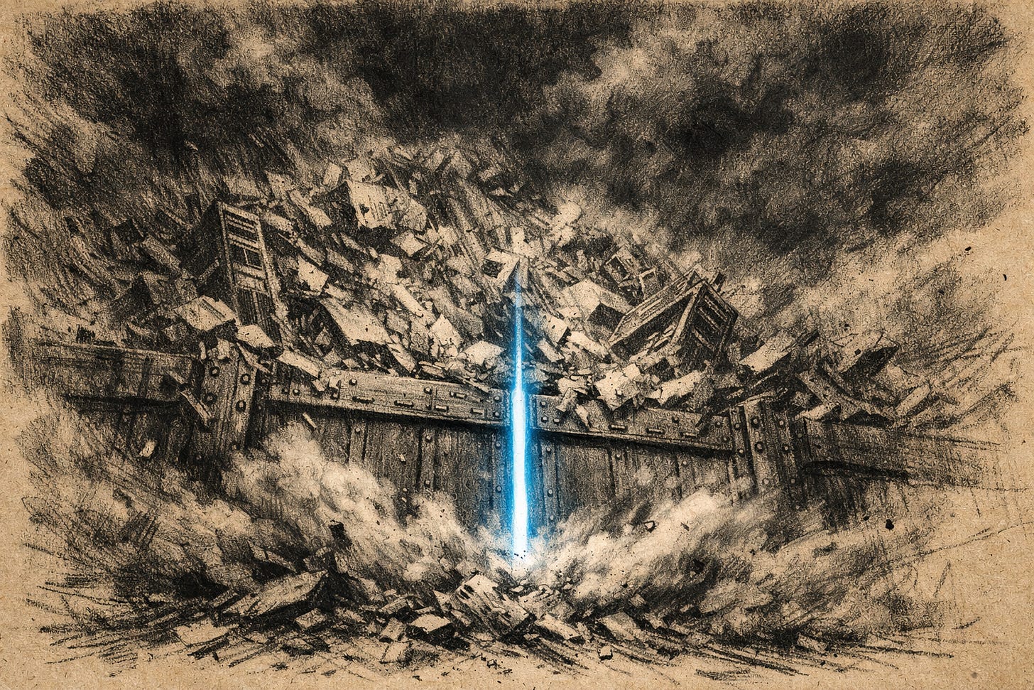 A gritty, mixed-media charcoal drawing of a chaotic landslide of debris crashing against a heavy industrial gate. A single, precise blue beam of light cuts through the center, unaffected by the chaos.