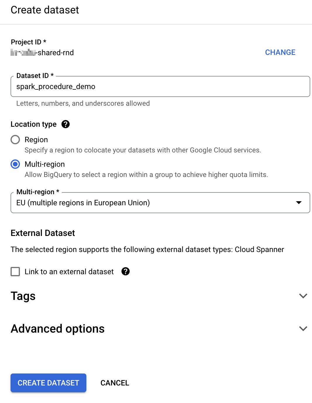 BigQuery Dataset configuration