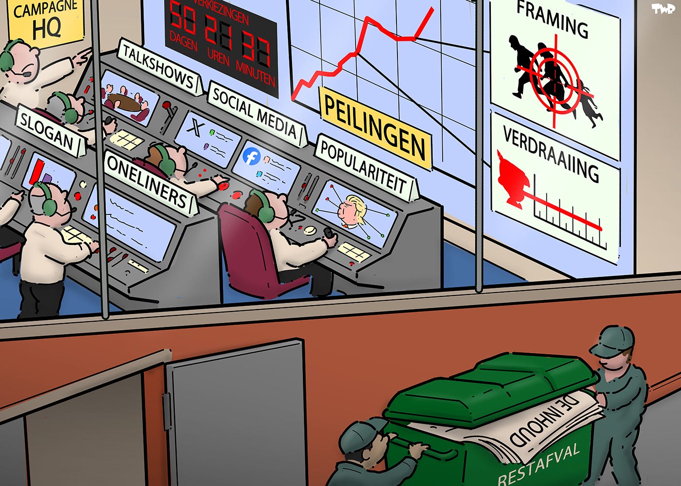 Cartoon waarop een soort NASA Mission Control te zien is. In plaats van aftellen naar een lancering wordt er afgeteld naar de verkiezingen. Op een groot scherm staan de peilingen, een silhouet van vluchtelingen in een vizier gelabeld 'framing' en een grafiek waarbij de rode lijn wordt gevormd door een groeiende Pinokkio-neus gelabeld 'verdraaiing'. Mensen met koptelefoons zitten achter computer-terminals met de labels 'talkshows', 'populariteit', social media' en 'oneliners'. Buiten duwen twee concierges een vuilniscontainer met een document erin getiteld 'De inhoud'.