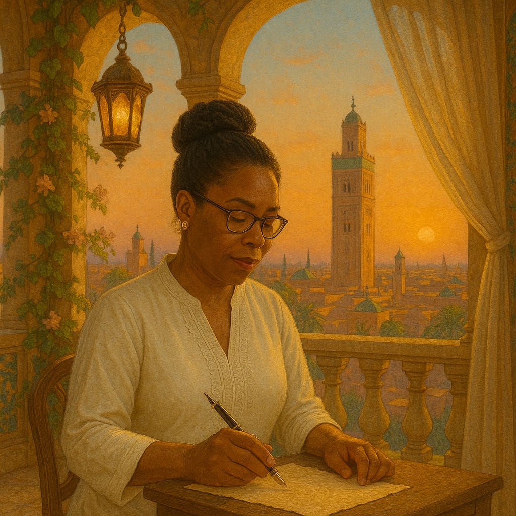 An image of a woman, sitting on a veranda overlooking Marrakesh, writing with a fountain pen on a piece of papyrus