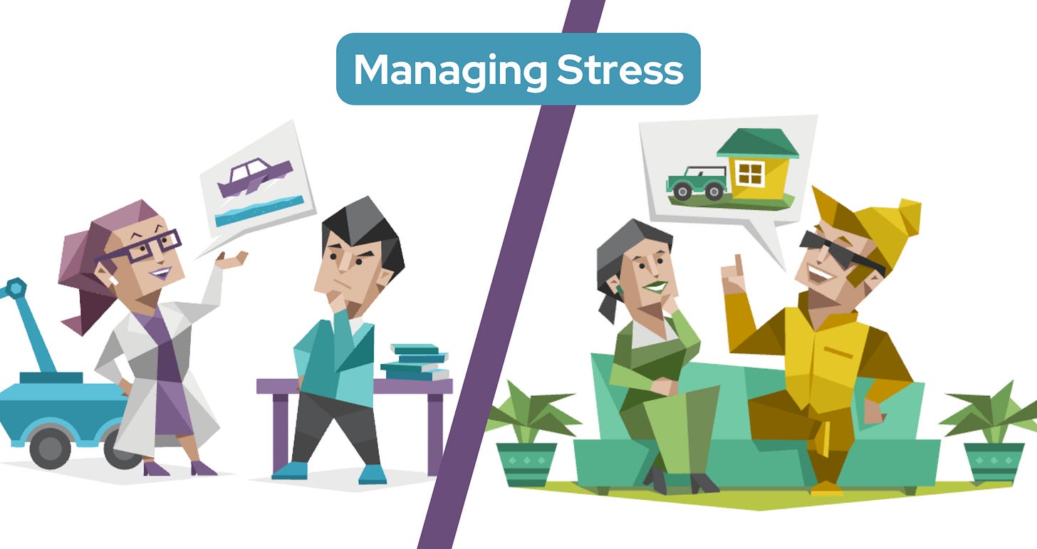 On the left, an Intuitive woman discusses the possibility of what they could create with a pondering man. On the right, an Observant man discusses the practicalities of home ownership with a curious woman. Text in a blue banner reads: Managing Stress. On the left, an Intuitive woman discusses the possibility of what they could create with a pondering man. On the right, an Observant man discusses the practicalities of home ownership with a curious woman. Text in a blue banner reads: Managing Stress.