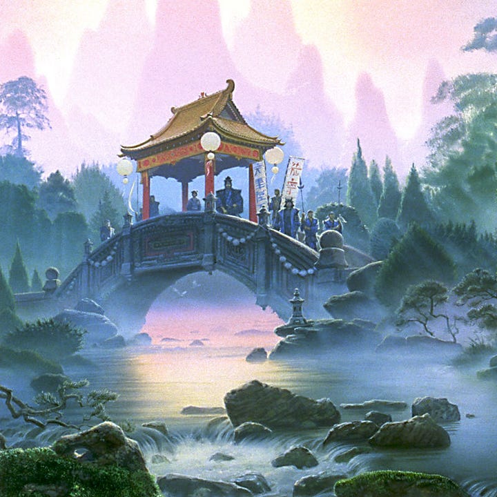 LEFT: Detail from SHONTO'S GARDEN featuring warriors gathering on a bridge arching over calm waters. A pagoda style roof is set atop four pillars at the center of the bridge. Round paper lanterns hang from each corner. A tall figure framed by the pillars has the air of command, his colors inverted with dark robes and a splash of blue over the chest, a contrast to his men who carry spears. They also carry two banners with Kanji characters, one writ in blue and the other red. RIGHT: An arched bridge is topped with a pagoda style roof set atop 4 pillars.