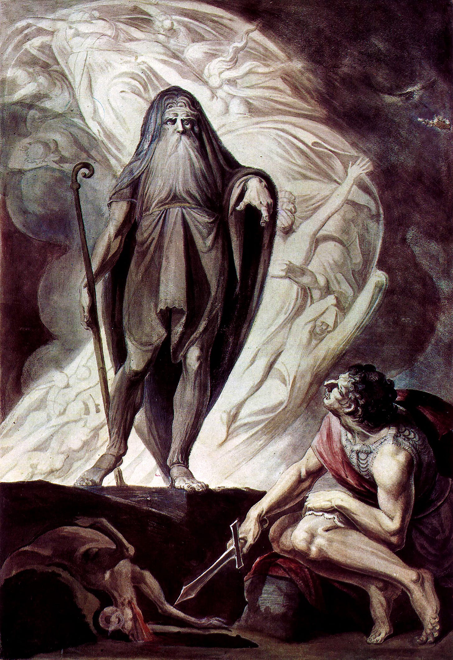 A dark Romantic painting depicting the blind prophet Tiresias emerging like a ghostly figure from swirling smoke and shadow. Draped in dark robes and holding a staff, the seer towers above a kneeling man holding a sword beside a sacrificial fire. Pale spectral forms twist through the background, creating an atmosphere of prophecy, dread, and supernatural revelation. A dark Romantic painting depicting the blind prophet Tiresias emerging like a ghostly figure from swirling smoke and shadow. Draped in dark robes and holding a staff, the seer towers above a kneeling man holding a sword beside a sacrificial fire. Pale spectral forms twist through the background, creating an atmosphere of prophecy, dread, and supernatural revelation.