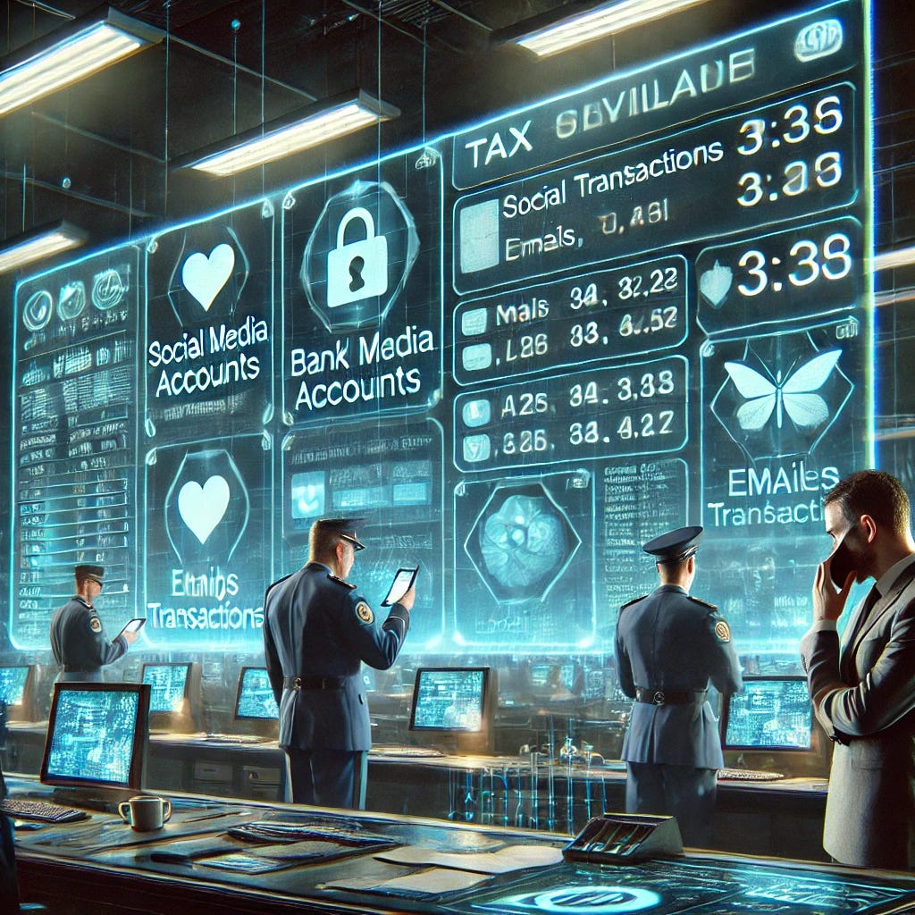 A futuristic digital surveillance scene showing tax officials accessing a giant holographic screen filled with social media accounts, bank transactions, emails, and trading data. The officials, dressed in formal attire, are scanning through messages and financial statements with serious expressions. The background is a dimly lit government office with high-tech monitors and glowing data streams. A concerned citizen in the foreground looks at their phone in shock as their private information appears on the holographic screen. A futuristic digital surveillance scene showing tax officials accessing a giant holographic screen filled with social media accounts, bank transactions, emails, and trading data. The officials, dressed in formal attire, are scanning through messages and financial statements with serious expressions. The background is a dimly lit government office with high-tech monitors and glowing data streams. A concerned citizen in the foreground looks at their phone in shock as their private information appears on the holographic screen.