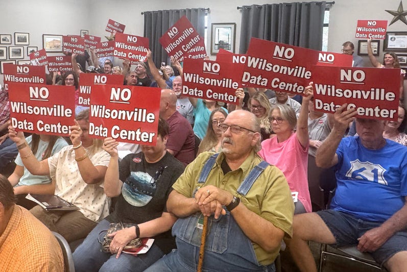 Folks in folding chairs fill a city council meeting room in Wilsonville, Alabama. Many of them hold red signs that read "NO Wilsonville Data Center."