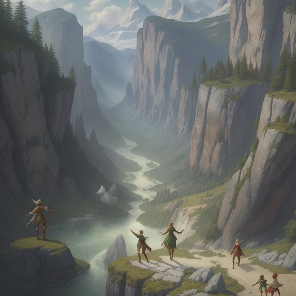 a bunch of tolkien-style fantasy elves jump off a cliff into a river