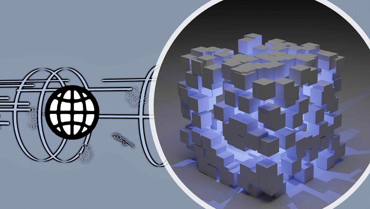 World wide web logo with rings and dashes connecting to a cube shaped gathering of blocks representing the blockchain. Some cryptocurrency symbols such as bitcoin and tezos are also depicted as traveling through the rings. 