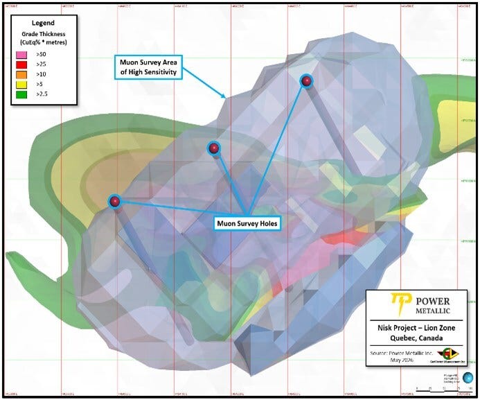 Figure 1 – Plan view of muon survey overlain Lion (CNW Group/Power Metallic Mines Inc.) Figure 1 – Plan view of muon survey overlain Lion (CNW Group/Power Metallic Mines Inc.)