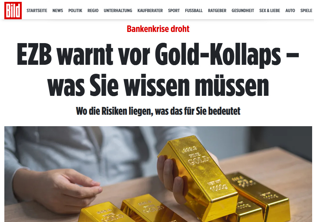 Headline from major German outlet Bild.de warning of gold collapse