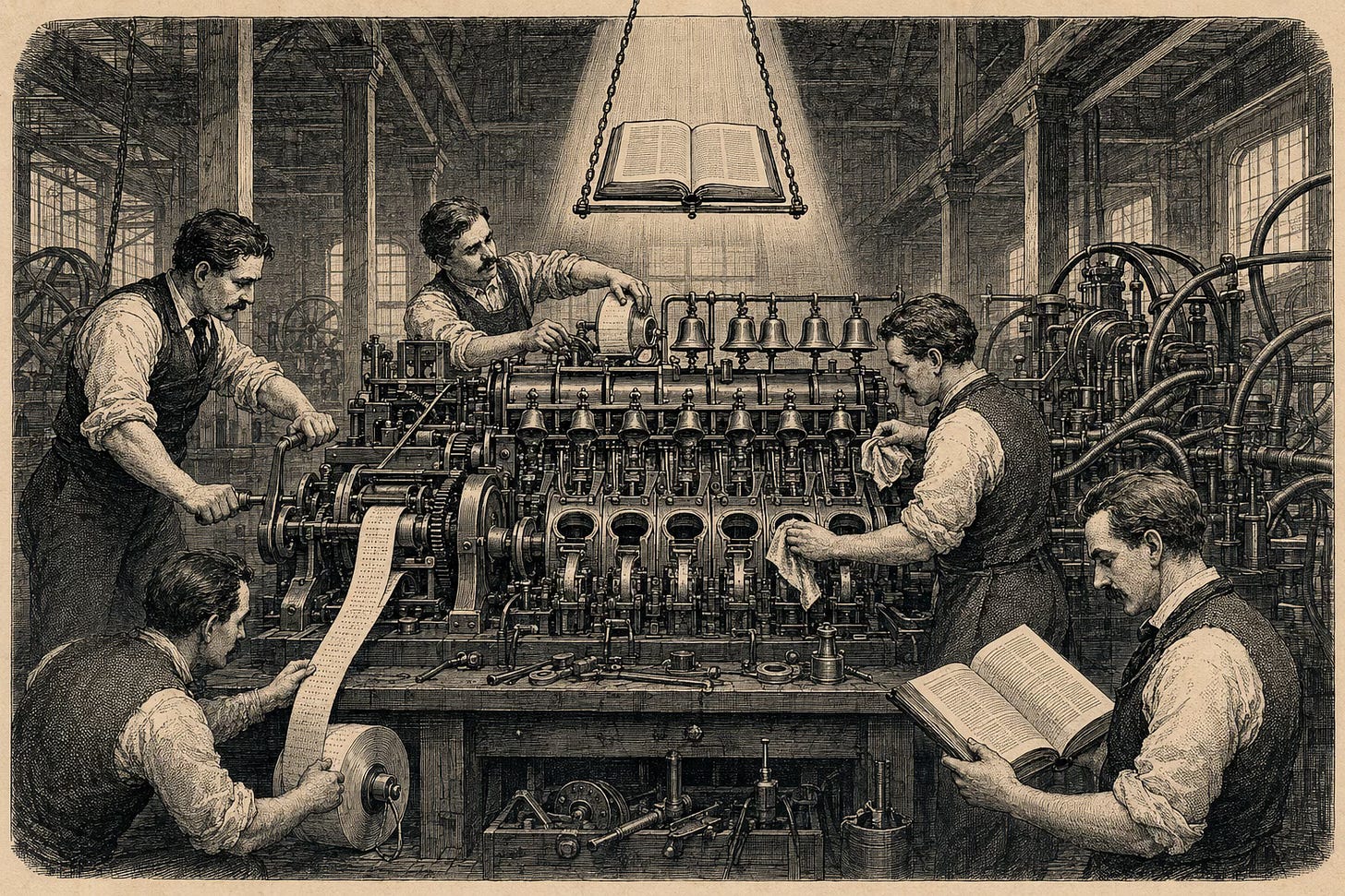 Wood-engraving editorial illustration in the Thomas Nast Harper's Weekly style for Attention Capital's essay How WWE Sold the Same Audience Four Times. A Victorian industrial workshop holds an elaborate, half-disassembled billing and customer-service contraption surrounded by five operators struggling to keep it running, while a single bound contract hangs cleanly above the machine, unattended and far simpler. The image visualizes the WWE Network direct-to-consumer trap: the operating drag of a DTC stack absorbs the IP owner's margin, while a single licensing contract delivers cleaner credit-grade cash flow. Anchors the essay's argument on pure-play IP ownership versus DTC operating risk in the streaming wars.