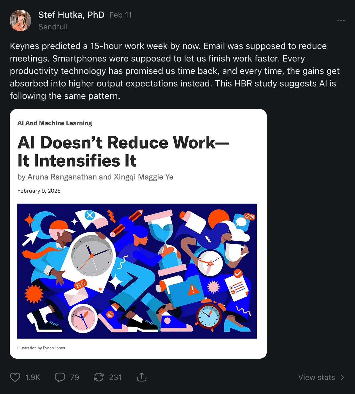 Screenshot of a LinkedIn post by Stef Hutka, PhD (Sendfull), dated February 11. The post states that past productivity technologies promised to reduce work but instead increased output expectations, and references a Harvard Business Review study suggesting AI is following the same pattern. Below the text is a preview card for an HBR article titled “AI Doesn’t Reduce Work—It Intensifies It” by Aruna Ranganathan and Xingqi Maggie Ye, dated February 9, 2026. The preview includes a colorful illustration of workers surrounded by clocks, calendars, devices, and task icons, suggesting time pressure and multitasking. Engagement metrics are visible at the bottom of the post.