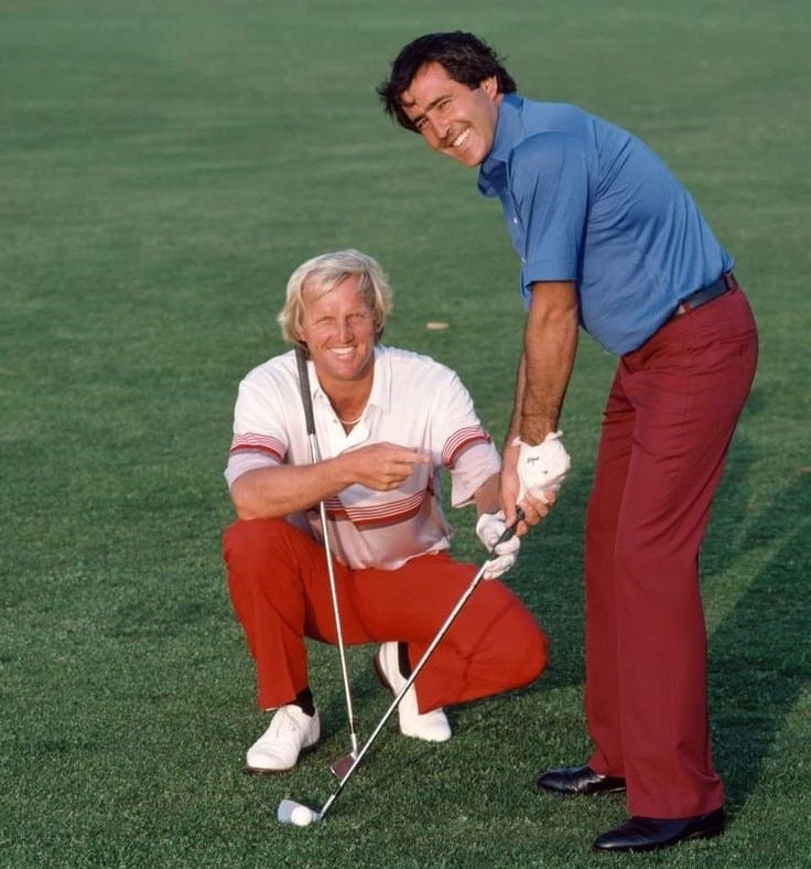 This may contain: an older man and young woman playing golf together This may contain: an older man and young woman playing golf together