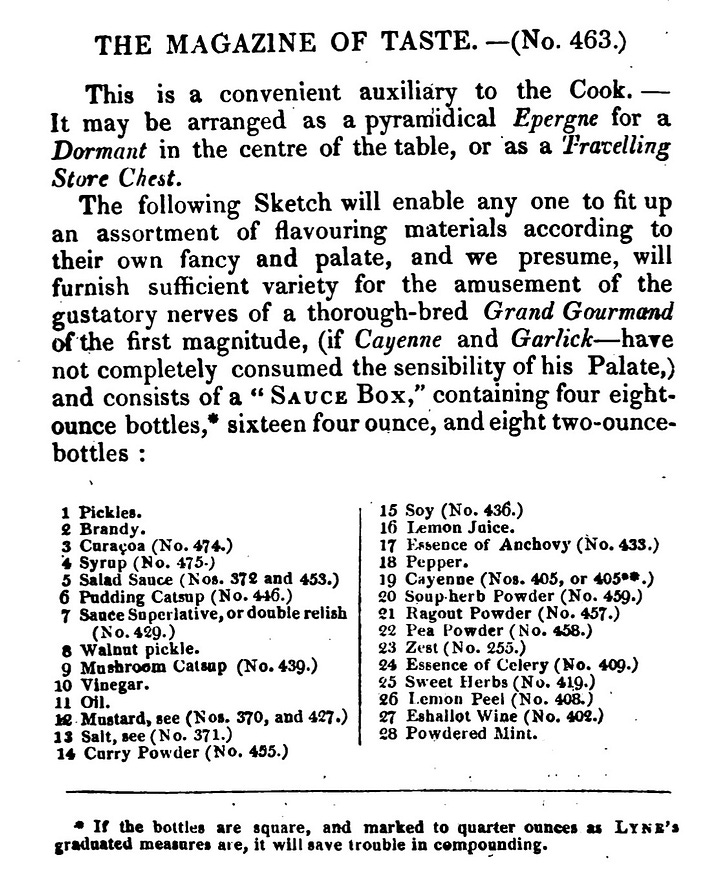 This is a convenient auxiliary to the Cook. It may be arranged as a pyramidical Epergne for a Dormant in the centre of the table, or as a Travelling Store Chest. The following Sketch will enable any one to fit up an assortment of flavouring materials according to their own fancy and palate, and we presume, will furnish sufficient variety for the amusement of the gustatory nerves of a thorough - bred Grand Gourmand of the first magnitude, ( if Cayenne and Garlick - have not completely consumed the sensibility of his Palate,) and consists of a “ Sauce Box," containing four eight ounce bottles, * sixteen four ounce, and eight two -ounce bottles : 1 Pickles . 2 Brandy. 3 Curaçoa (No. 474.) 4 Syrup ( No. 475.) 5 Salad Sauce ( Nos. 372 and 453.) 6 Pudding Catsup ( No. 446.) 7 Sauce Superlative, or double relish (No.429. ) 8 Walnut pickle. 9 Mushroom Catsup (No. 439.) 10 Vinegar. 11 Oil. 12 Mustard , see (Nos. 370 , and 427.) 13 Salt, see (No. 371.) 14 Curry Powder ( No. 455. ) 15 Soy ( No. 436. ) 16 Lemon Juice. 17 Essence of Anchovy ( No. 433.) 18 Pepper. 19 Cayenne ( Nos. 405 , or 405 ** . ) 20 Soup.herb Powder (No. 459.) 21 Ragout Powder ( No. 457.) 22 Pea Powder ( No. 458.) 23 Zest ( No. 255.) 24 Essence of Celery ( No. 409.) 25 Sweet Herbs ( No. 419.) 26 Lemon Peel ( No. 408.) 27 Eshallot Wine ( No. 402.) 28 Powdered Mint. * If the bottles are square , and marked to quarter ounces as LYNE's graduated measares are, it will save trouble in compounding. In a drawer under. Half a dozen one oupoe bottles . Nutmeg grater. Weights and scales. Table and tea- spoon. A graduated glass measure, divided Knife and fork . into tea and table spoonis. A steel , and a Corkscrew. Small mortar . 5 13 21 1 6 14 22 7 15 23 2 8 16 24 9 17 25 3 10 18 96 11 19 27 1 12 20 28 N. B. The portable Magazine of Taste alluded to in page 51, may be furnished with a four -ounce bottle for Cogniac (No. 471), -a ditto for Curaçoa (No. 474), an ounce bottle for Essence of Anchovy ( No. 433), —and one of like size for Cayenne Pepper ( No. 404, or 405. )