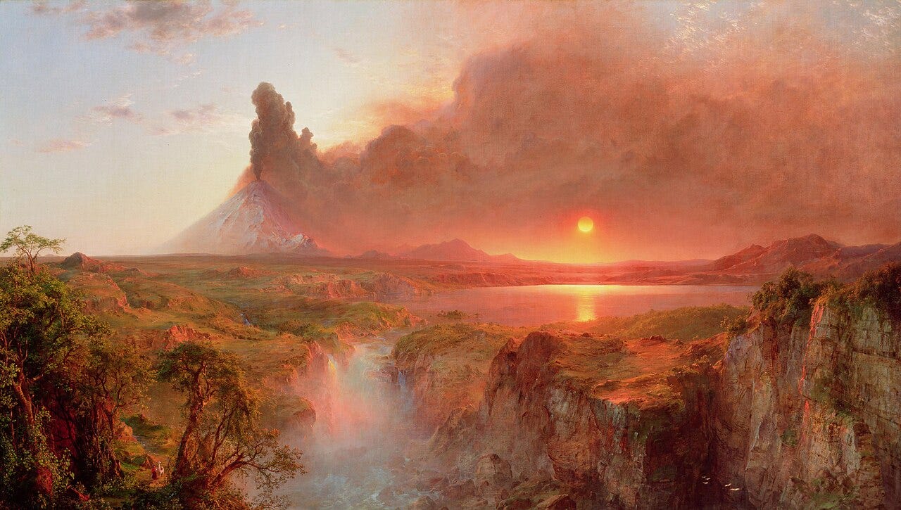 A volcano hurling smoke across a red sunrise A volcano hurling smoke across a red sunrise