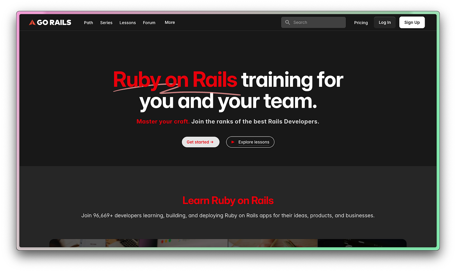 The GoRails homepage, a developer education business The GoRails homepage, a developer education business