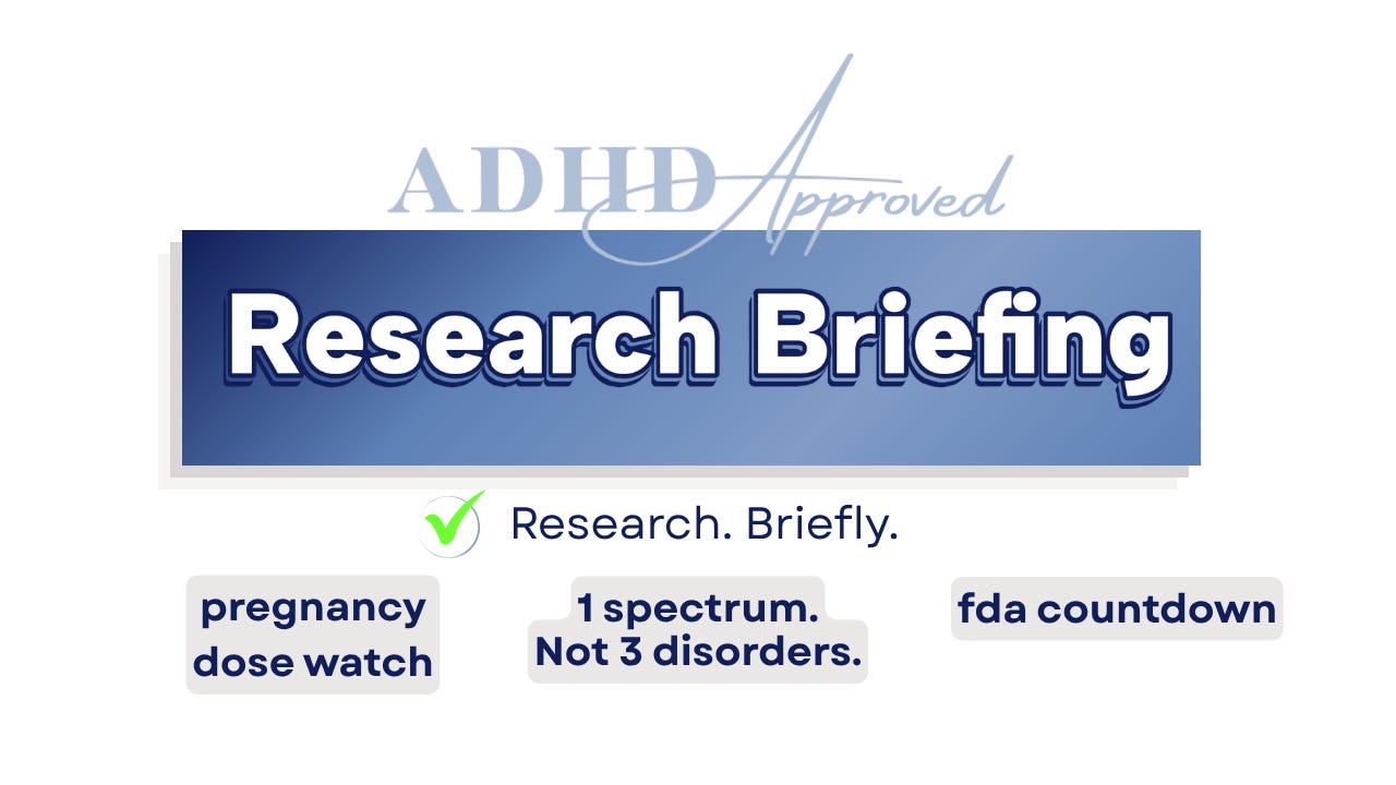 ADHD Approved research briefing card for July 9, 2026 with topic tags: pregnancy dose watch, 1 spectrum. Not 3 disorders, fda countdown