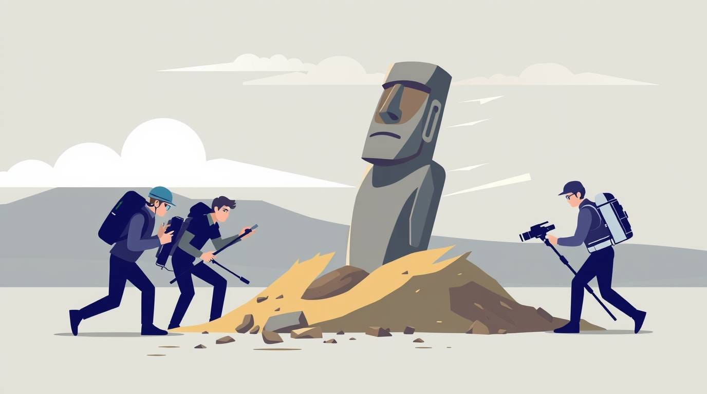 Cartoon image of three archaeologists digging up a moai.