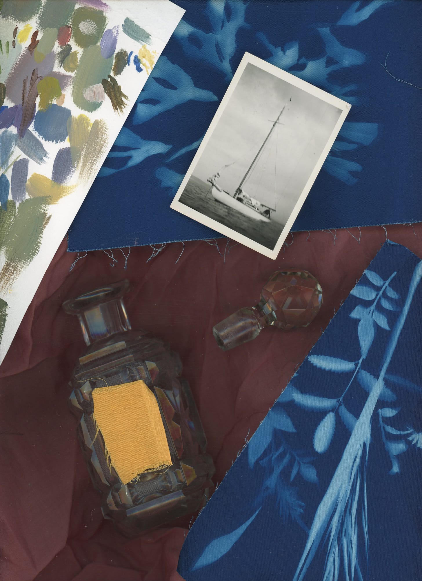 scan of photo of a boat, cyanotypes, bottle.