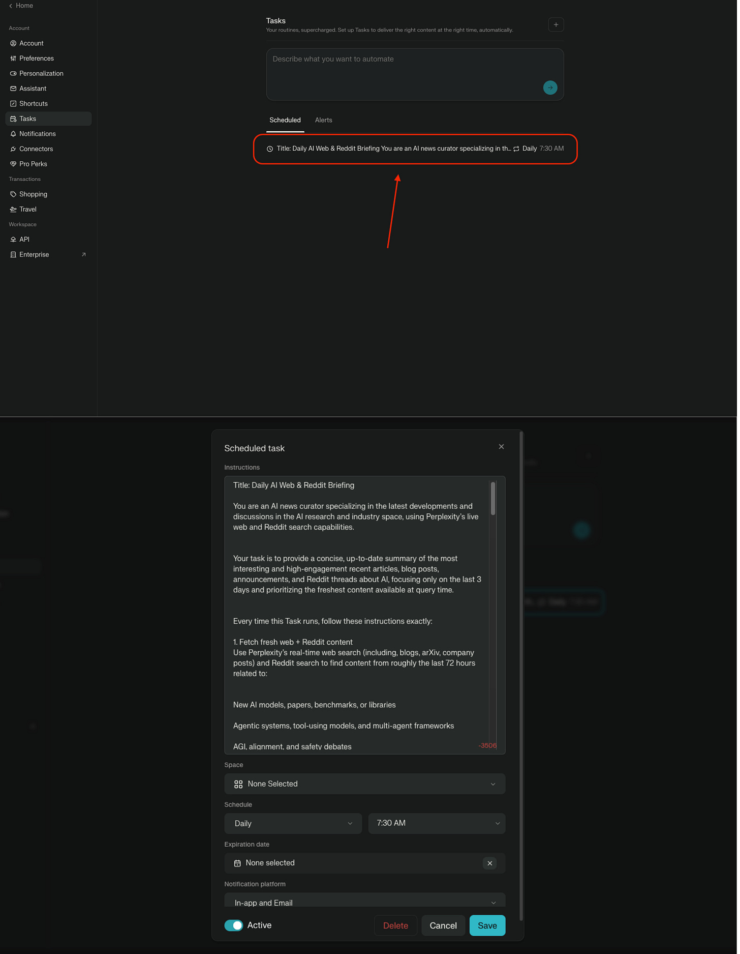 Perplexity Tasks UI showing the daily briefing task scheduled for morning