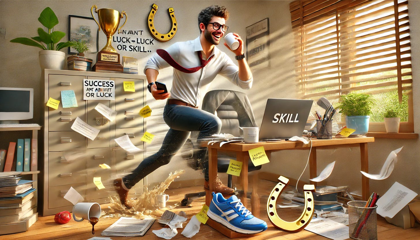 A photorealistic, humorous illustration for an article titled 'Success Isn’t About Luck or Skill—It’s About Taking Action (Even When It’s Messy)'. The scene shows a cluttered but high-energy home office desk: sticky notes, open laptop, spilled coffee, and scattered papers. A confident, energetic person in smart-casual clothes is multitasking effectively—typing with one hand, holding a phone with their shoulder, sipping coffee, but with a smile and clear sense of purpose. They look like they’re in control despite the mess. A dusty trophy labeled 'Skill' sits on a shelf, a lucky horseshoe magnet is stuck to a filing cabinet, and a bright pair of running shoes with motion blur sits near the desk. The mood is uplifting and motivational, with realistic detail and light humor.