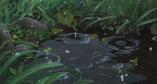 This may contain: a painting of some water and plants in the middle of a pond with leaves on it