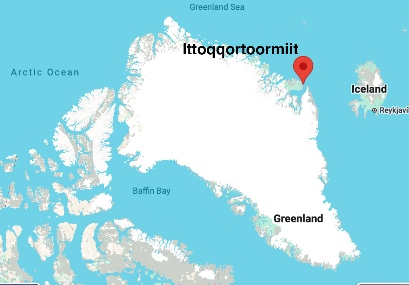 Screen capture of location of Ittoqqortoormiit in Greenland on a Google map Screen capture of location of Ittoqqortoormiit in Greenland on a Google map