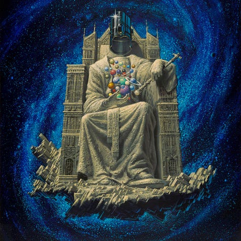 LEFT: Detail from EMPIRE featuring a headless statue in stately robes sits upon a stone throne hovering in front of a vibrant blue spiral galaxy. A tall shiny helmet floats empty just above the statue's shoulders. CENTER: Close detail from EMPIRE featuring a headless statue sitting on throne hovering in front of a vibrant blue spiral galaxy. The artist sigil is worked into the stone of the throne. RIGHT: Close detail from EMPIRE featuring a tiny figure at the foot of the statue to provide perspective on how enormous it is.