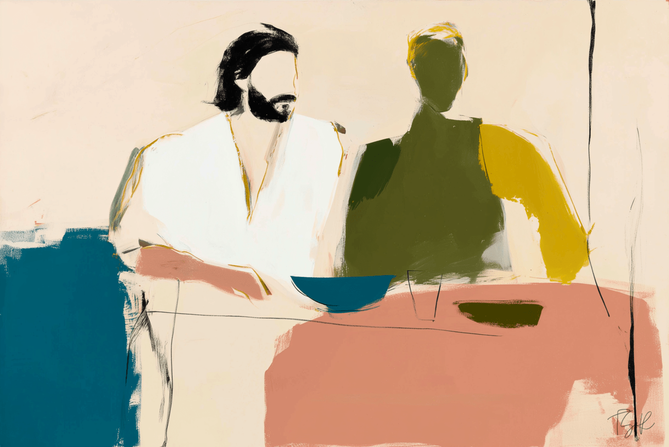 A bearded man in a white robe sits at a table, his gaze directed toward a companion rendered as a featureless, olive-green and mustard-yellow silhouette. Between them sits a single teal bowl and a translucent glass on a broad, muted-rose tablecloth, set against a stark, cream-colored void. This illustration serves as the featured image for the Graphic Review of Gengoroh Tagame’s "Fish and Water" in The Subtext Review. A bearded man in a white robe sits at a table, his gaze directed toward a companion rendered as a featureless, olive-green and mustard-yellow silhouette. Between them sits a single teal bowl and a translucent glass on a broad, muted-rose tablecloth, set against a stark, cream-colored void. This illustration serves as the featured image for the Graphic Review of Gengoroh Tagame’s "Fish and Water" in The Subtext Review.