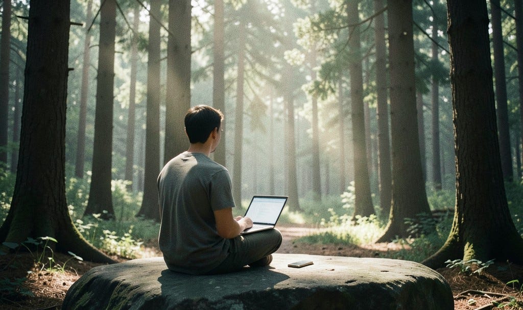 A man sitting alone on a rock in a quiet forest clearing with a laptop, soft afternoon light through the trees, illustration for the story "Beautiful Things" from Modern Clarity by KYG.