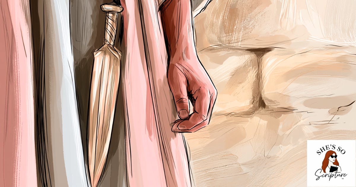 Illustration of a short double-edged sword concealed beneath a traveler's cloak, referencing Ehud's hidden weapon in Judges 3