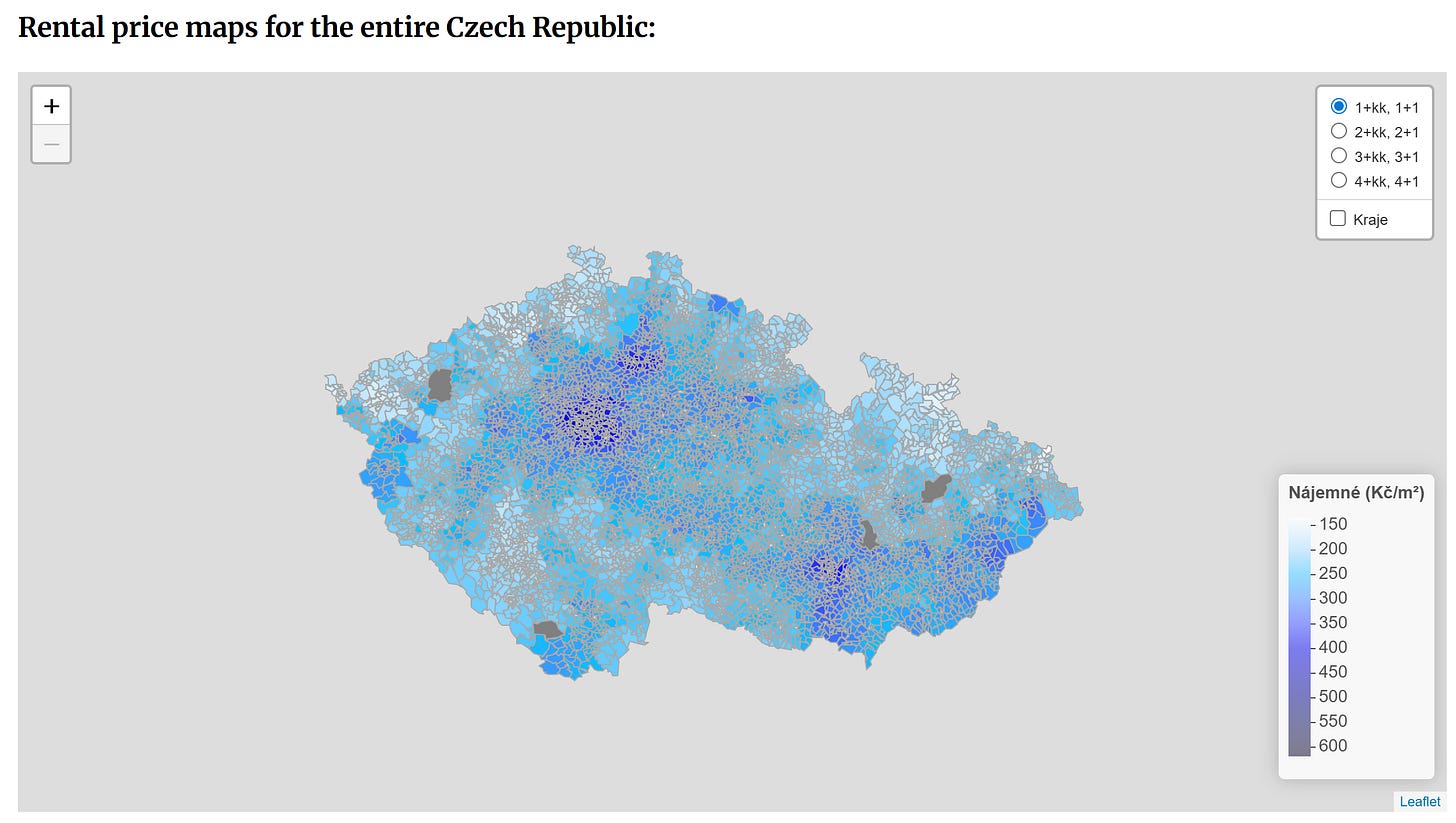 The Czech interactive rent price map (as displayed on a Google-translated page in English)