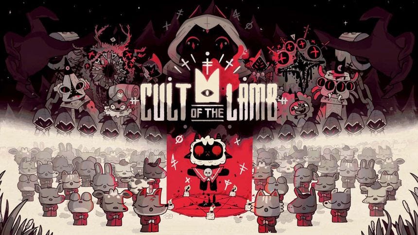 A red-robed lamb with glowing eyes leads a crowd of grey rabbits under a starry night sky. — Cult Of The Lamb Wallpaper